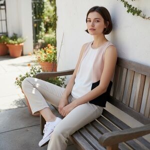 METAPHOR Women's Colorblock Sleeveless Top - Black White Peach, size M modern